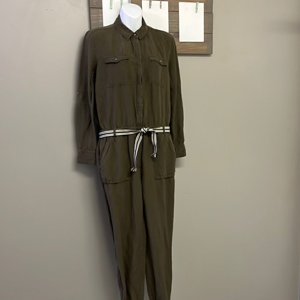 LOFT Army Green 1/2 Button Elastic Waist Jogger Jumpsuit w/Tassel Stripe Belt- S